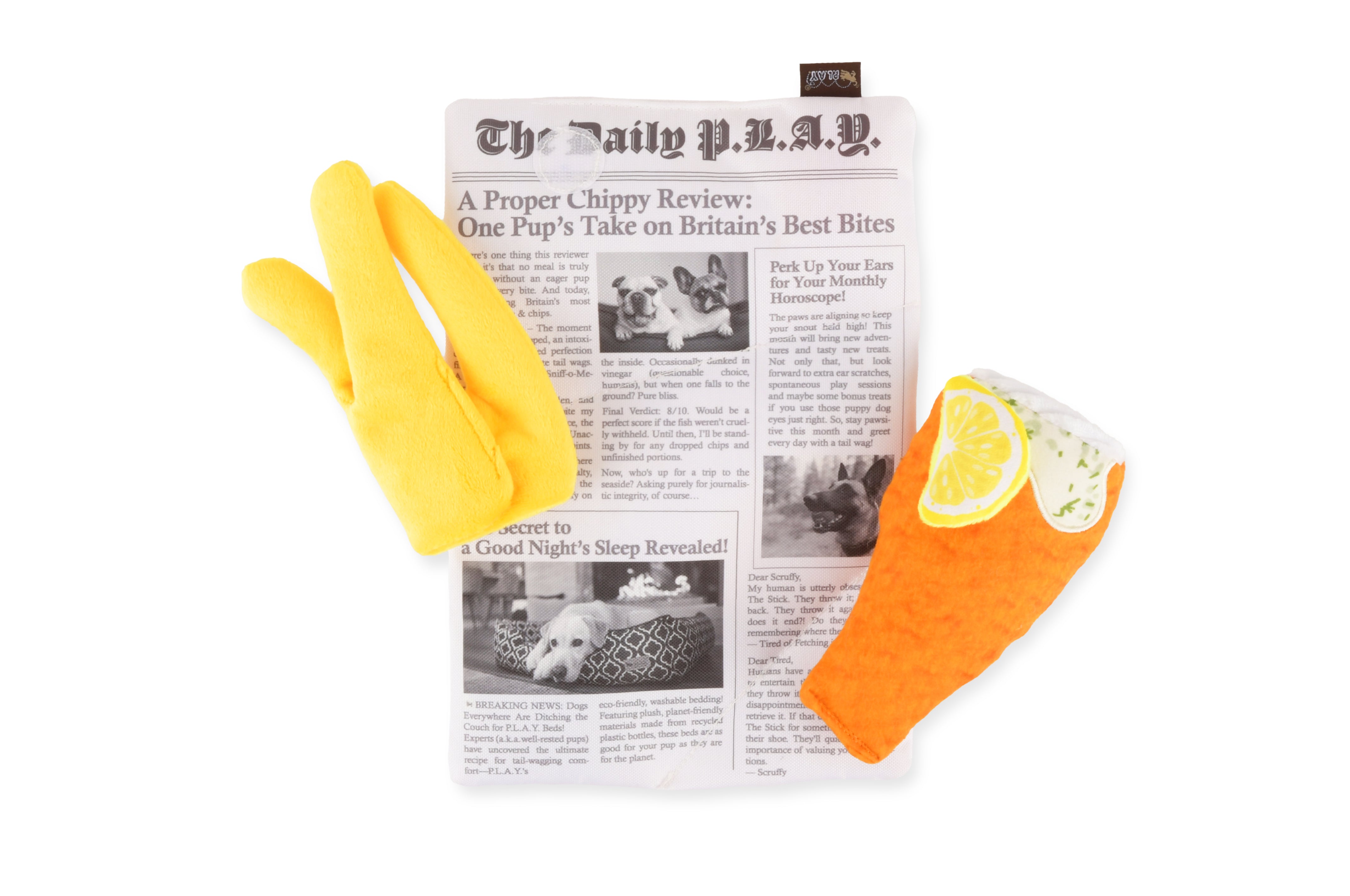 Deconstructed view of a fish & chips plush squeaky dog toy.