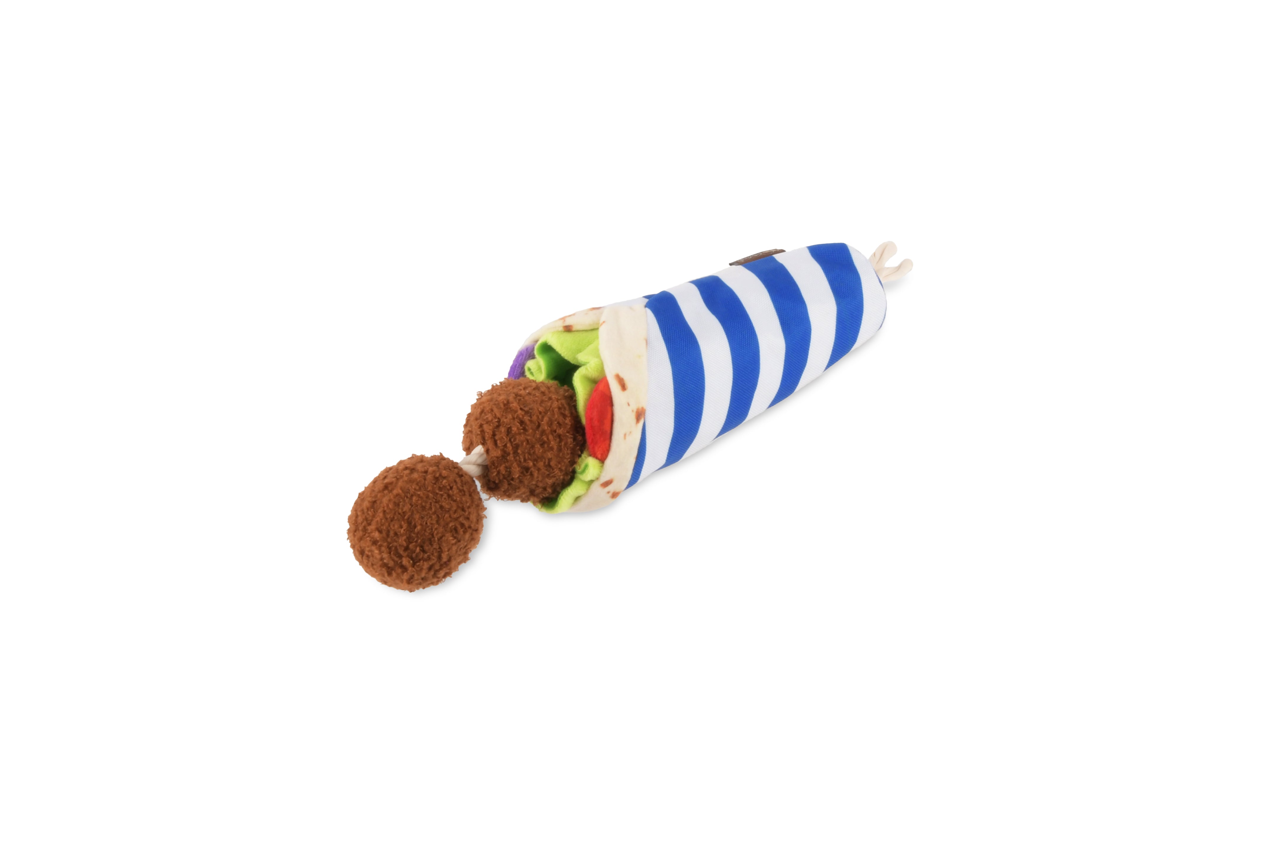 Side view showing the tug rope in a falafel wrap plush squeaky dog toy.