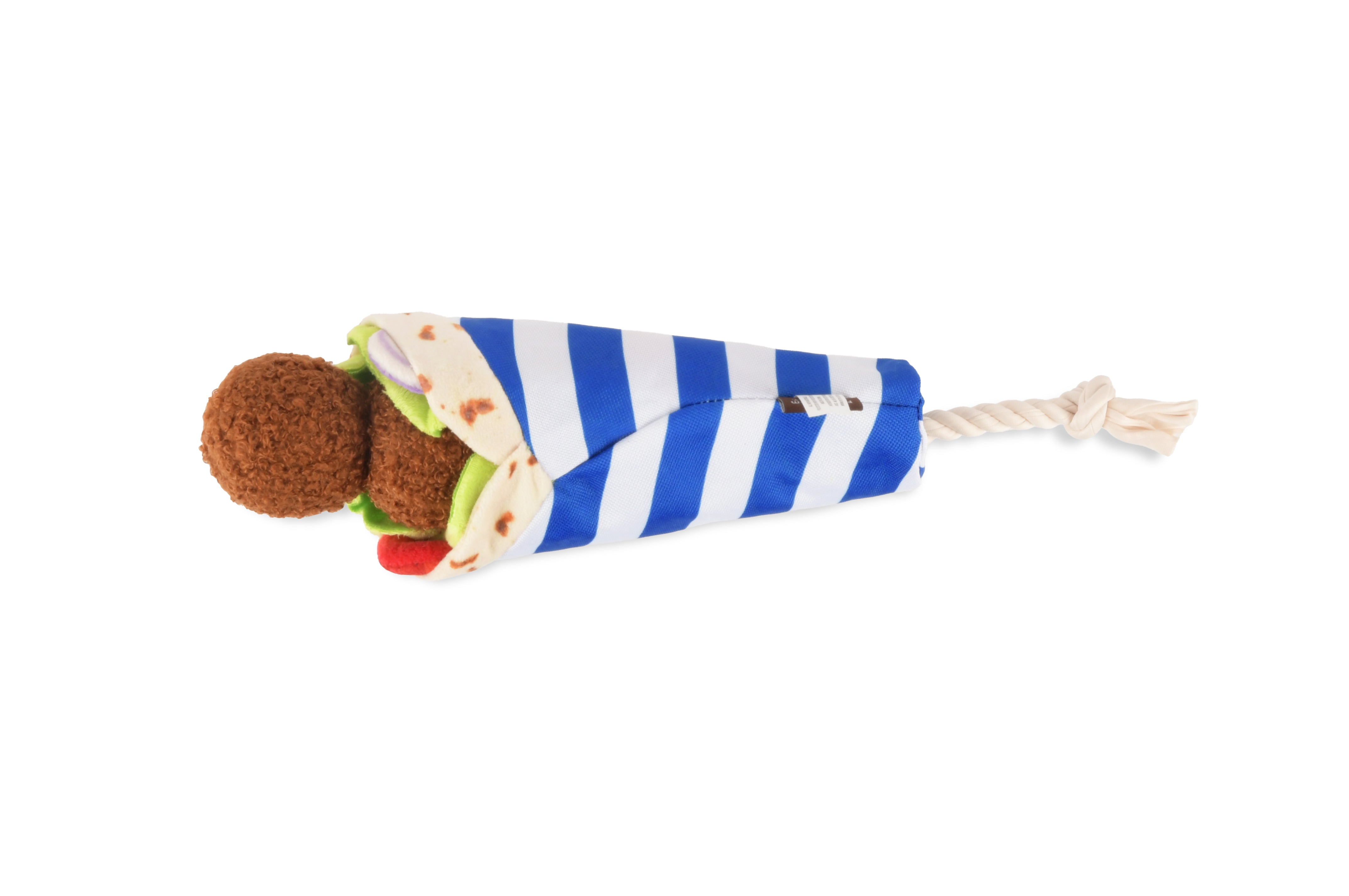 Top view of a falafel wrap plush squeaky dog toy.