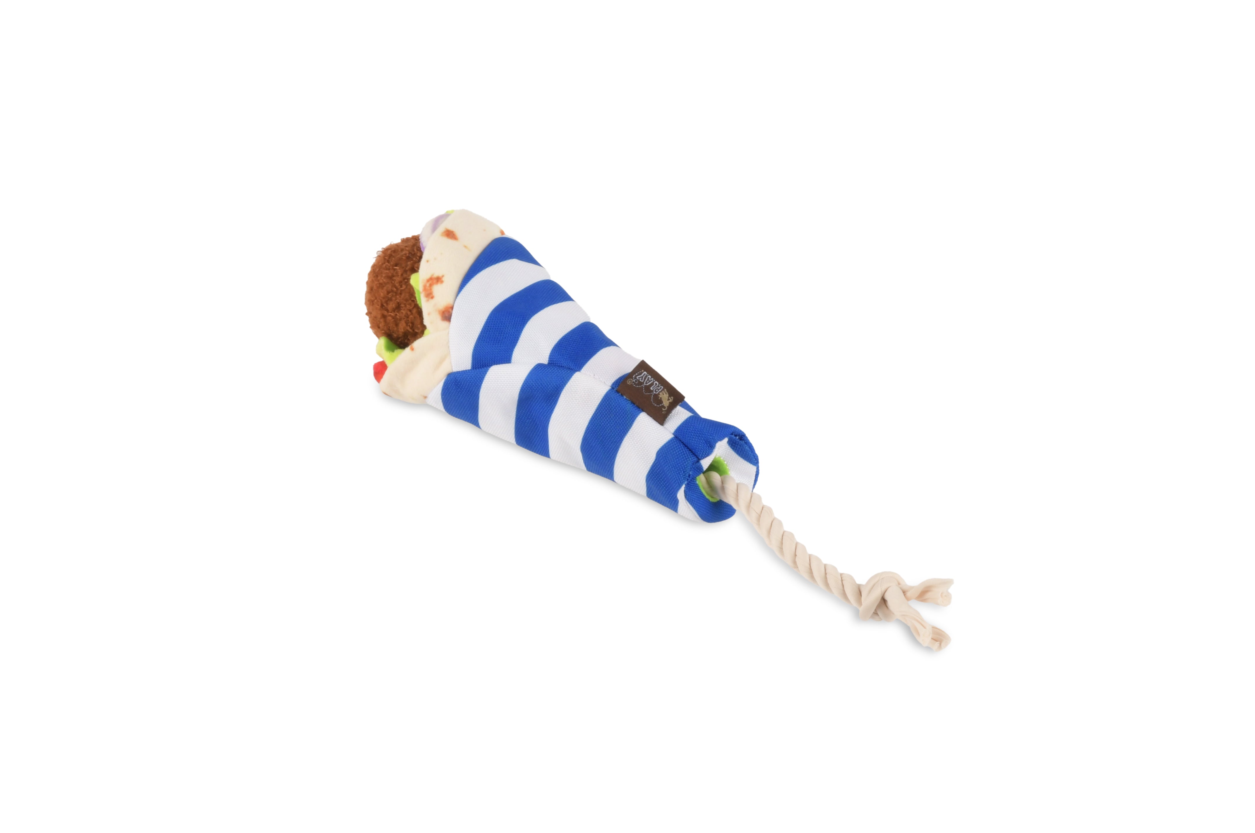 Side view showing the tug rope in a falafel wrap plush squeaky dog toy.