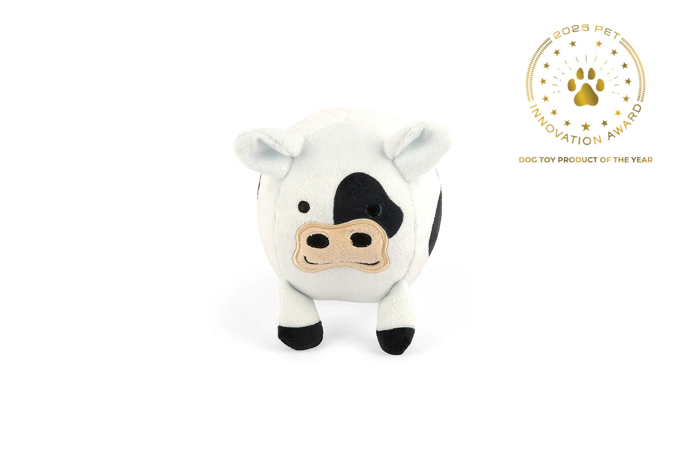 Barnyard Buddies plush cow dog toy. 2025 Dog Toy Product of the Year.