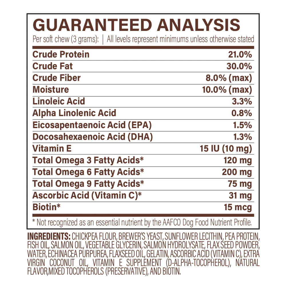 Optimize your dog's health from the inside out with this nutrient dense daily supplement. Treat or prevent common canine skin allergies, irritations, and problems with this blend of essential nutrients working to promote healthy skin.