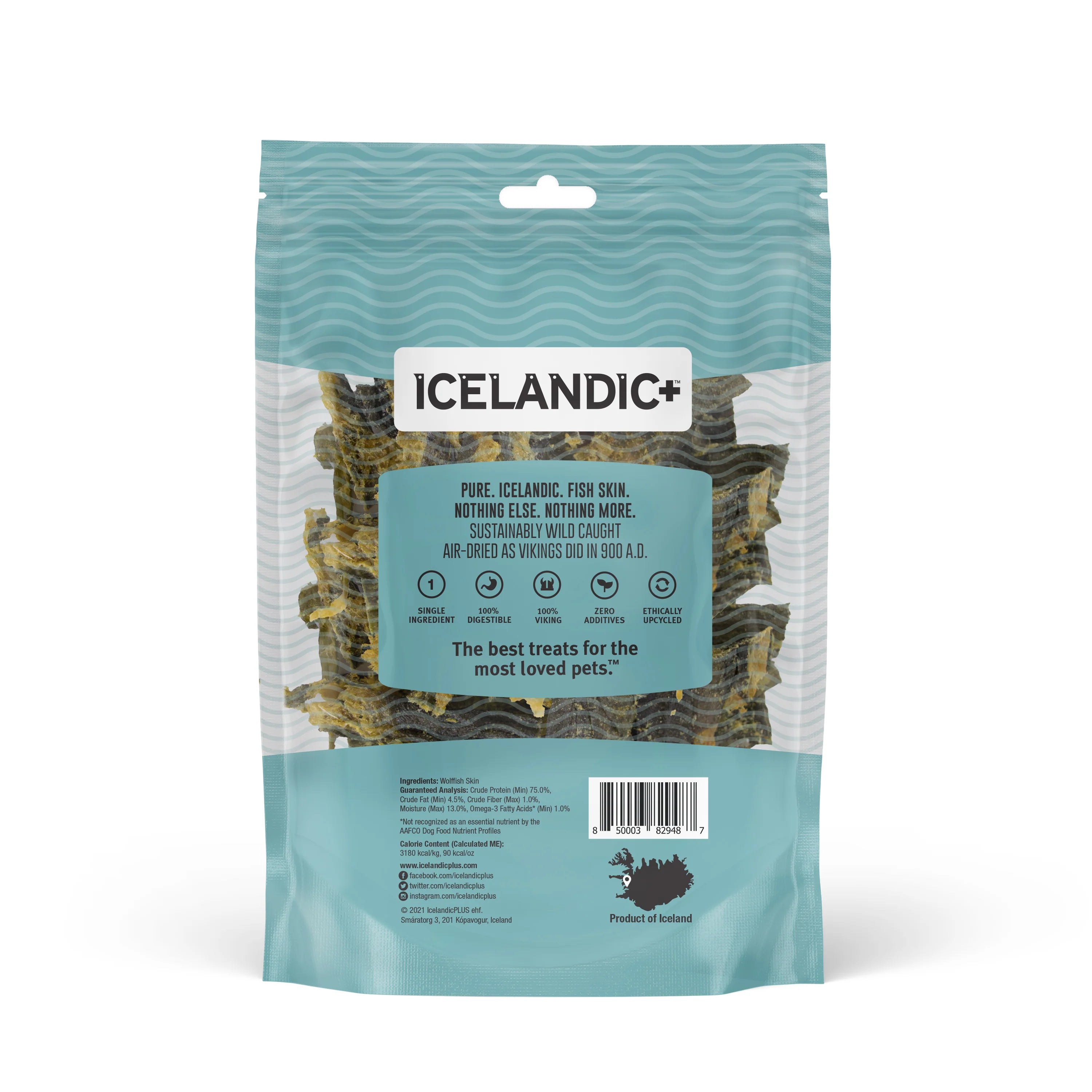 Icelandic+ Wolffish chews are sustainably wild-caught, 100% natural, and free of additives or preservatives. Wolffish skin is very dense, making it a great alternative and nutritious chew that dogs find irresistible.