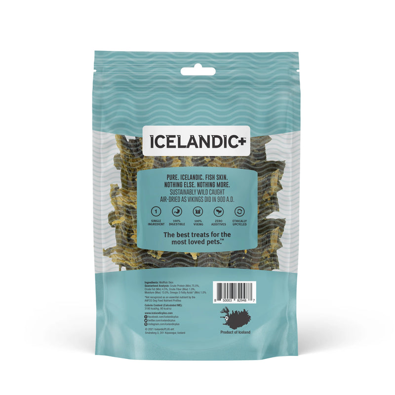 Icelandic+ Wolffish chews are sustainably wild-caught, 100% natural, and free of additives or preservatives. Wolffish skin is very dense, making it a great alternative and nutritious chew that dogs find irresistible.
