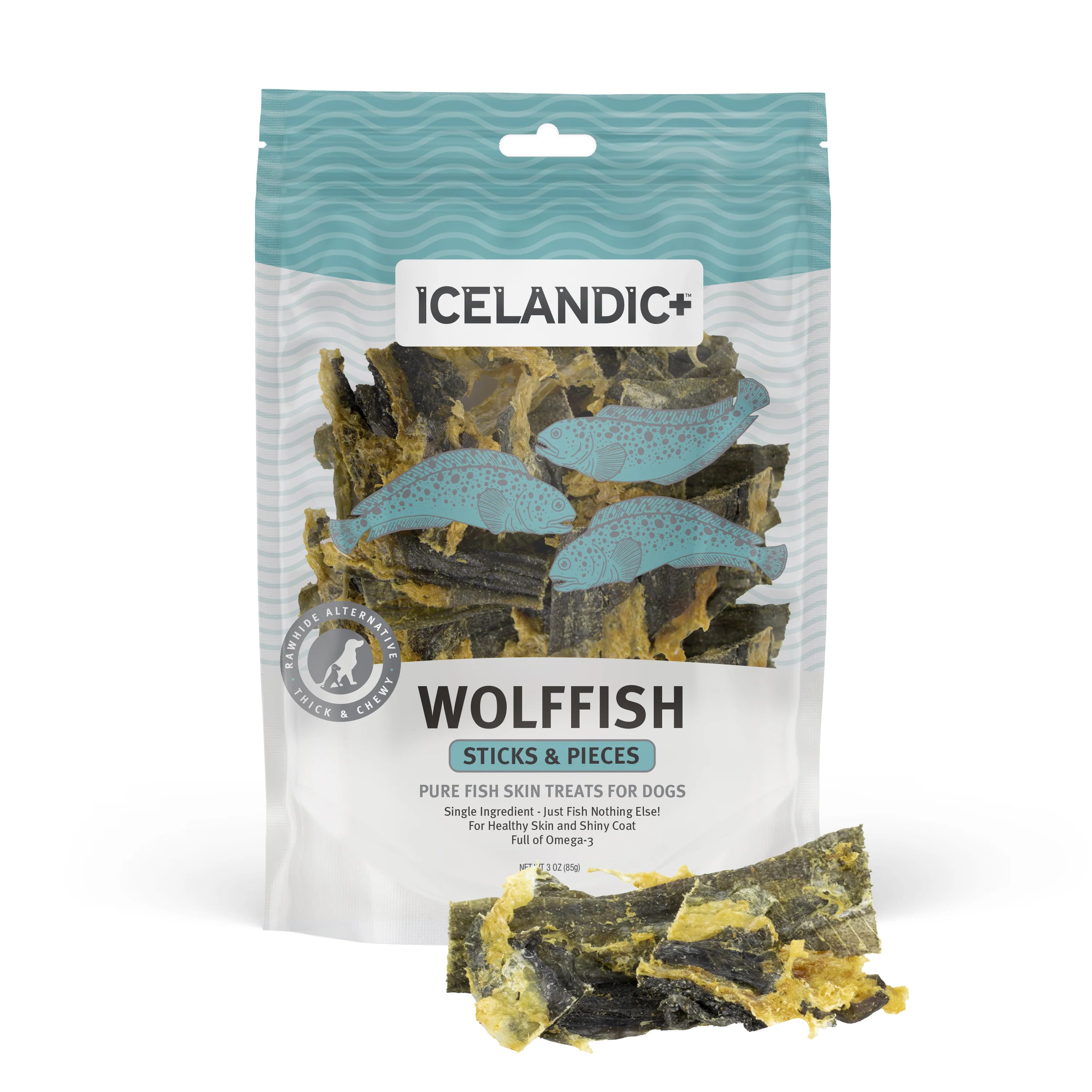 Icelandic+ Wolffish chews are sustainably wild-caught, 100% natural, and free of additives or preservatives. Wolffish skin is very dense, making it a great alternative and nutritious chew that dogs find irresistible.