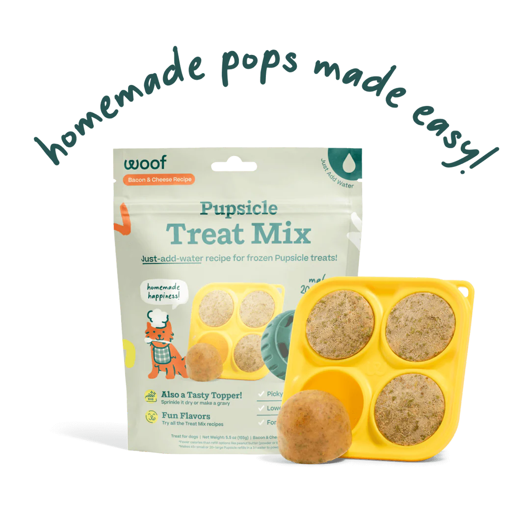 Package of the bacon & cheese Pupsicle treat mix next to the Pupsicle treat tray filled with frozen refill pops.