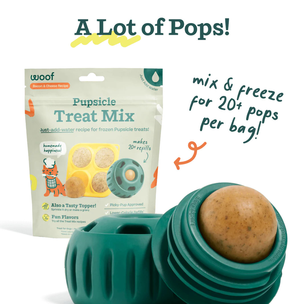 Package of the bacon & cheese Pupsicle treat mix next to an open  Pupsicle treat toy with a refill pop inside.