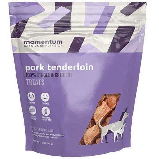 Momentum Carnivore Nutrition Pork Tenderloin treats are made from humanely raised pork sourced in the USA and Canada and are free of artificial flavors, preservatives, additives, hormones, or antibiotics.