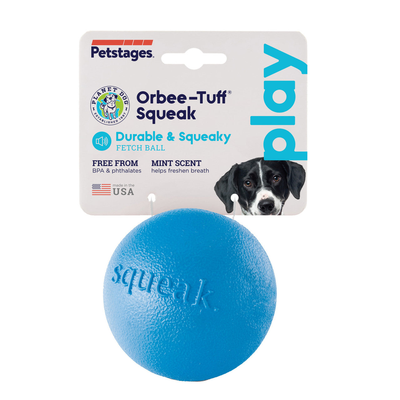 Squeak ball is made from the award-winning Orbee-Tuff material, which is 100% recyclable and non-toxic. Ball is ultra-durable, bouncy, buoyant, and perfect for tossing, fetching, and bouncing. Takes a powerful chewer to make Squeak ... squeak! Toy is infused with natural mint oil.