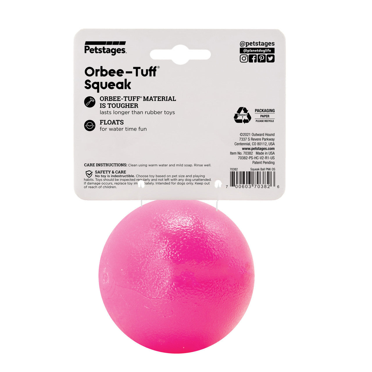 Squeak ball is made from the award-winning Orbee-Tuff material, which is 100% recyclable and non-toxic. Ball is ultra-durable, bouncy, buoyant, and perfect for tossing, fetching, and bouncing. Takes a powerful chewer to make Squeak ... squeak! Toy is infused with natural mint oil.