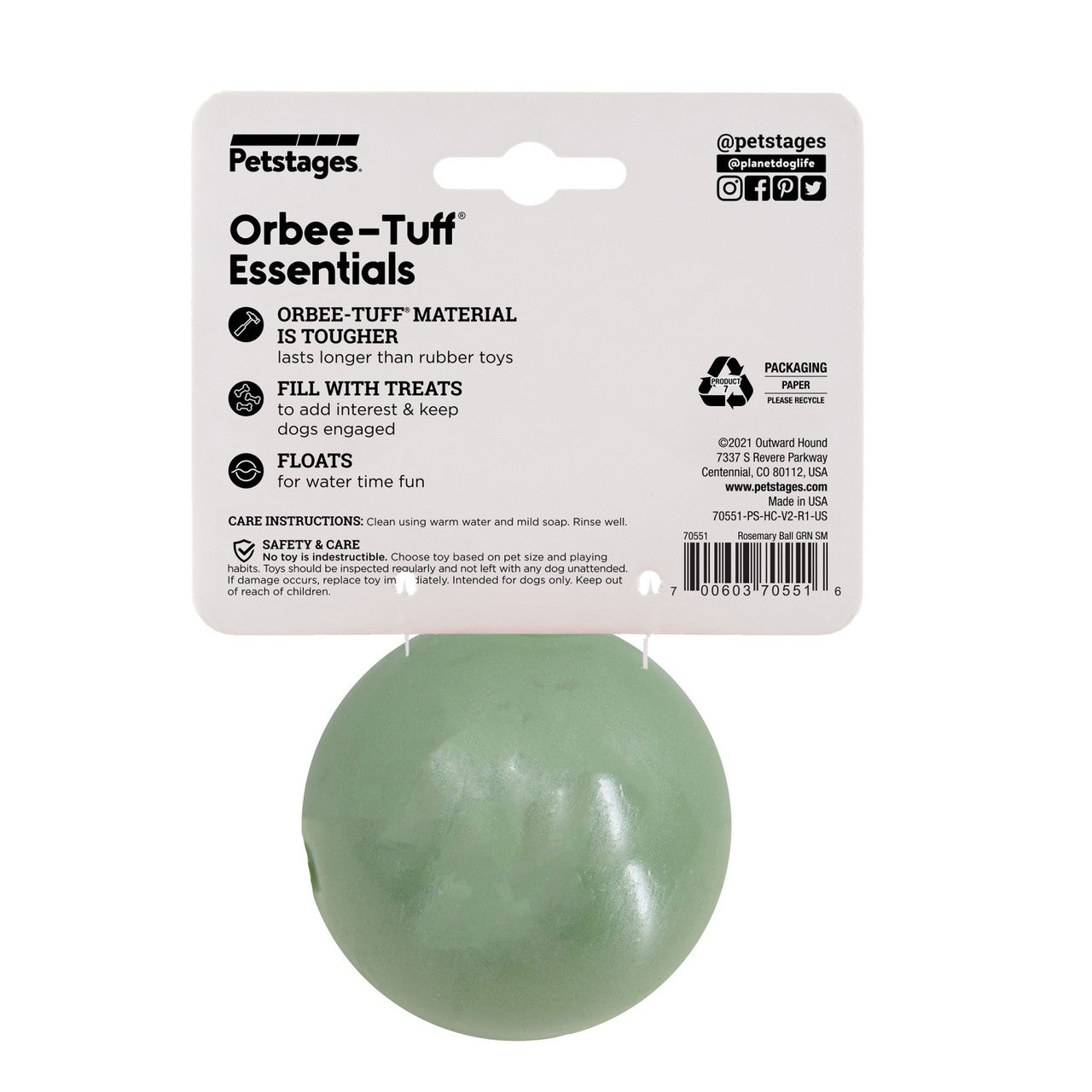 Infused with the calming scents of lavender, rosemary, vanilla, and designed with chewers in mind! These durable balls work well to quench your dog's chewing urges. Made from the award-winning Orbee-Tuff material, which is 100% recyclable and non-toxic. Ball is durable, bouncy, buoyant, and perfect for tossing, fetching, bouncing, and doubles as a treat dispenser.