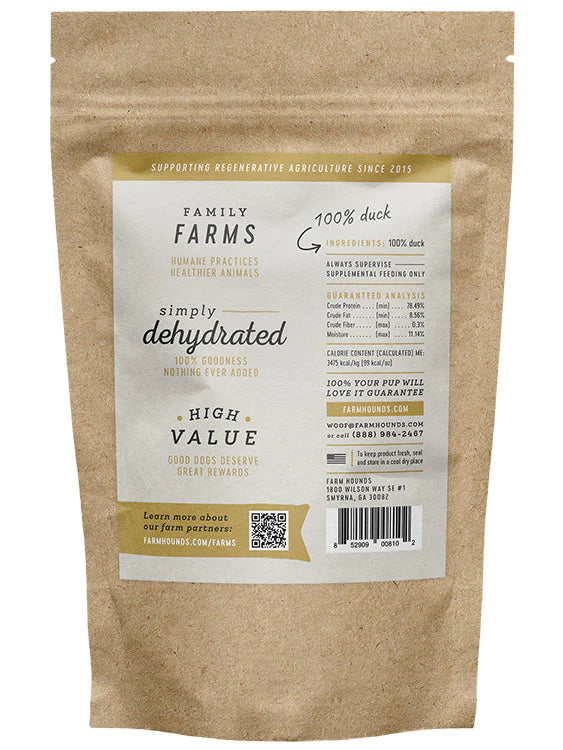 Farm Hounds dehydrated duck jerky treats are made in the USA and sourced from 100% premium duck muscle meat. Treats are free of salt, sugars, fillers, chemicals, and preservatives.