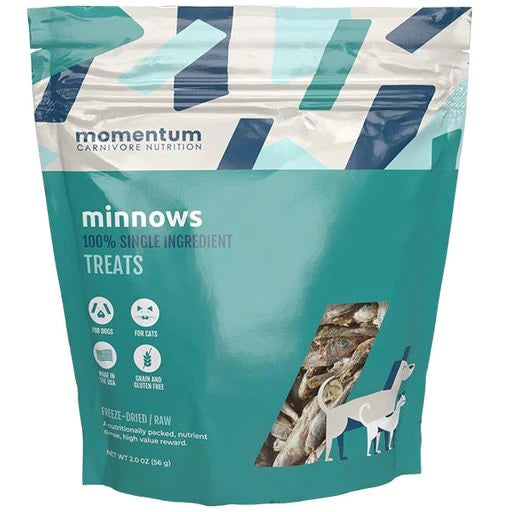 Momentum Carnivore Nutrition Minnow treats are made from 100% natural minnows sourced in the USA and Canada and are free of artificial flavors, preservatives, additives, hormones, or antibiotics.