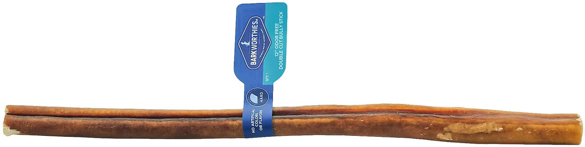 12" odor free double cut bully stick with product tag.