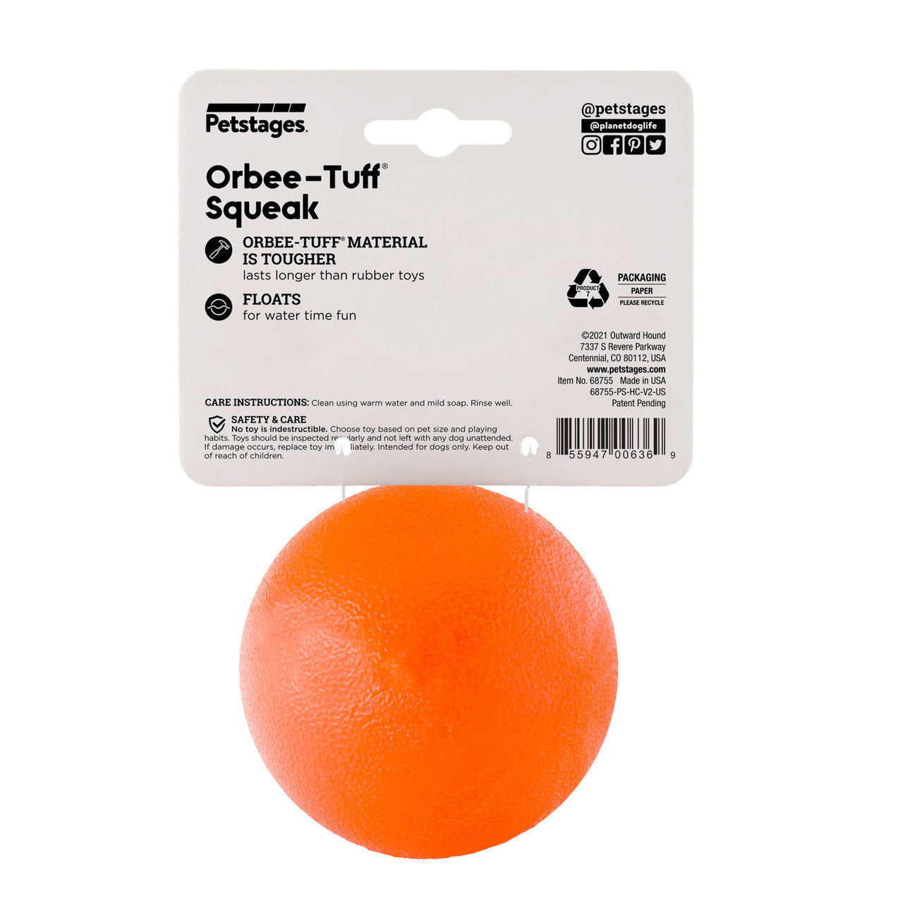 Squeak ball is made from the award-winning Orbee-Tuff material, which is 100% recyclable and non-toxic. Ball is ultra-durable, bouncy, buoyant, and perfect for tossing, fetching, and bouncing. Takes a powerful chewer to make Squeak ... squeak! Toy is infused with natural mint oil.