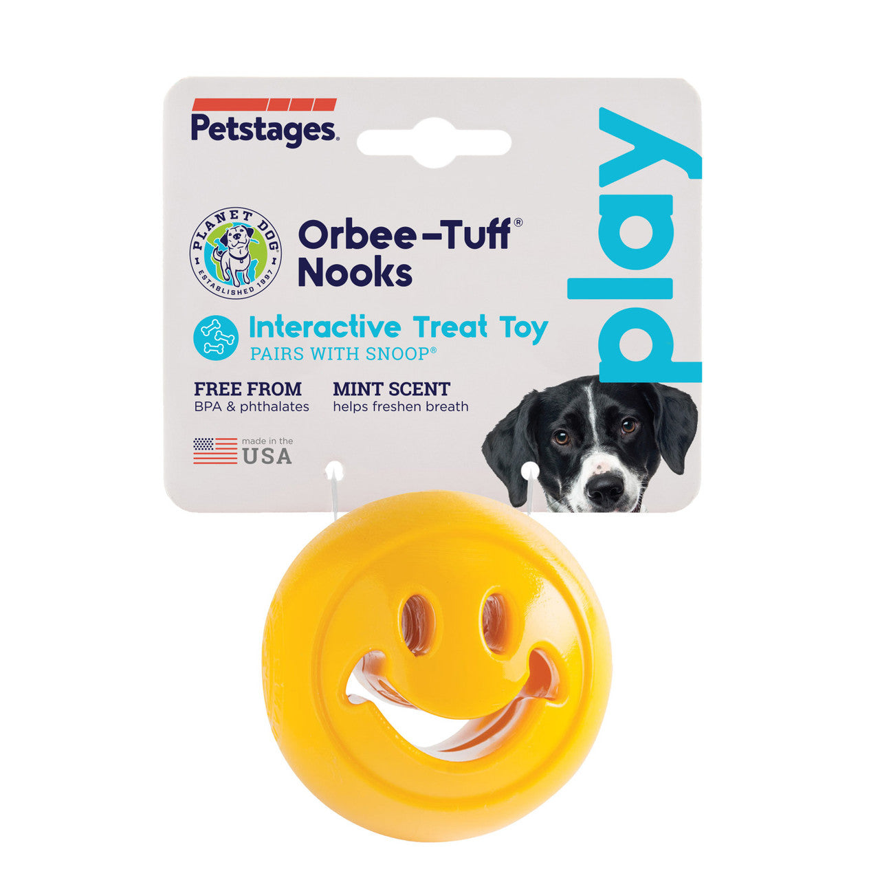 Nook ball is made from the award-winning Orbee-Tuff material, which is 100% recyclable and non-toxic. Ball is durable, bouncy, buoyant, and perfect for tossing, fetching, and bouncing. Stuff with tiny treat bites, nut butter, or cheese.