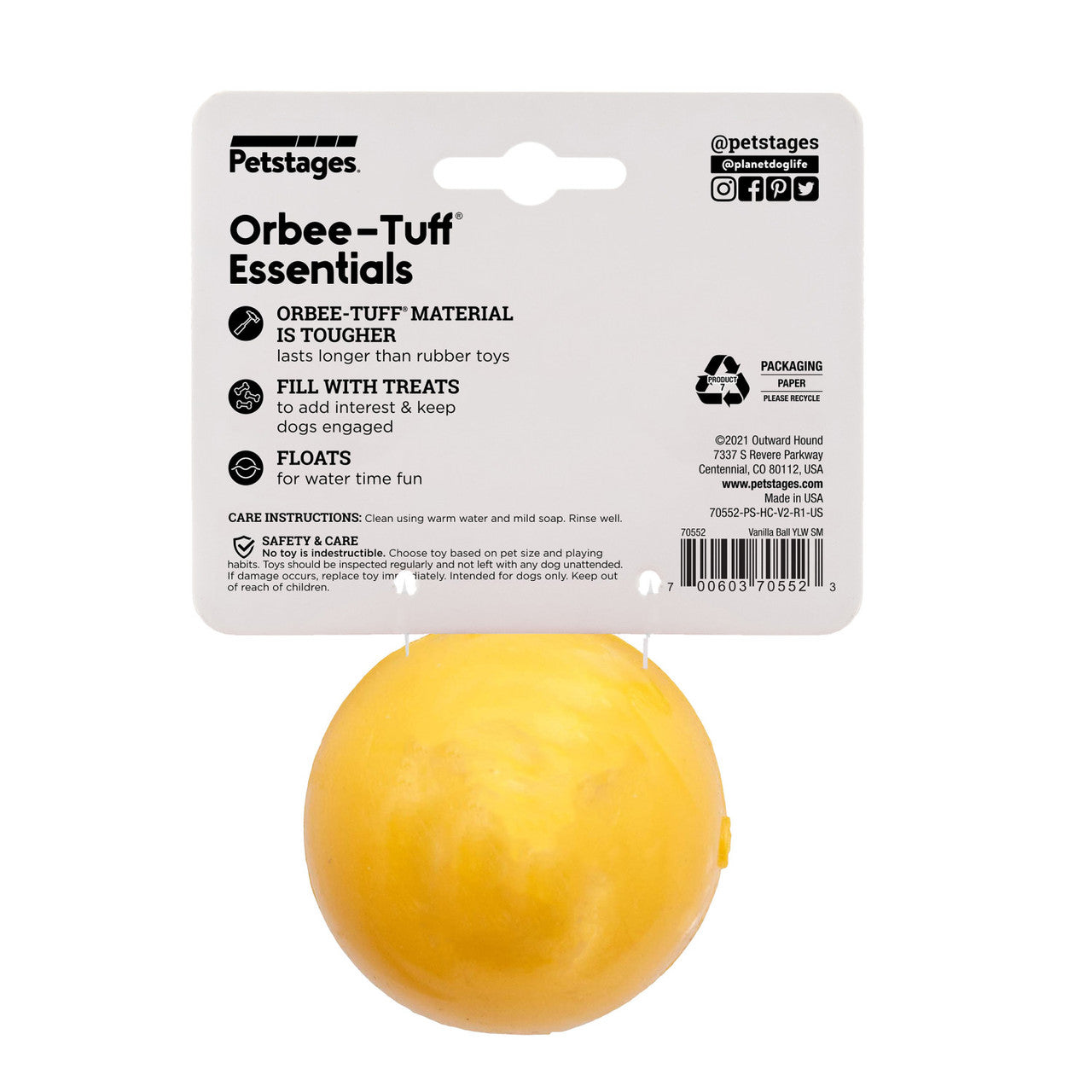 Infused with the calming scents of lavender, rosemary, vanilla, and designed with chewers in mind! These durable balls work well to quench your dog's chewing urges. Made from the award-winning Orbee-Tuff material, which is 100% recyclable and non-toxic. Ball is durable, bouncy, buoyant, and perfect for tossing, fetching, bouncing, and doubles as a treat dispenser.