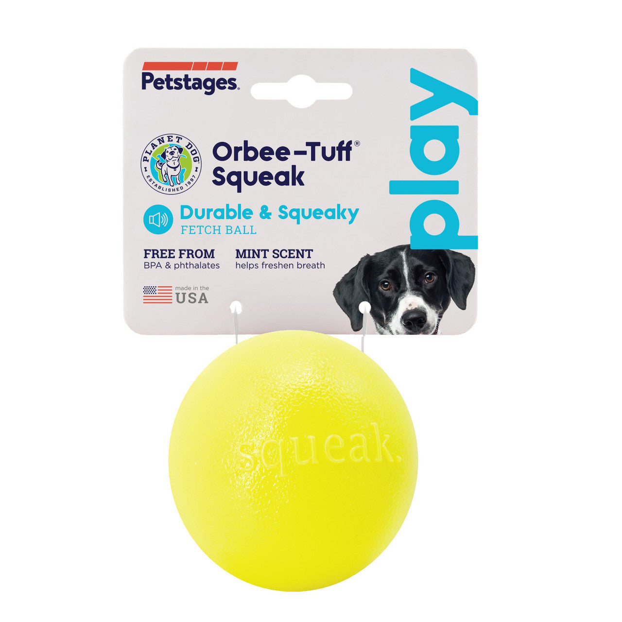Squeak ball is made from the award-winning Orbee-Tuff material, which is 100% recyclable and non-toxic. Ball is ultra-durable, bouncy, buoyant, and perfect for tossing, fetching, and bouncing. Takes a powerful chewer to make Squeak ... squeak! Toy is infused with natural mint oil.