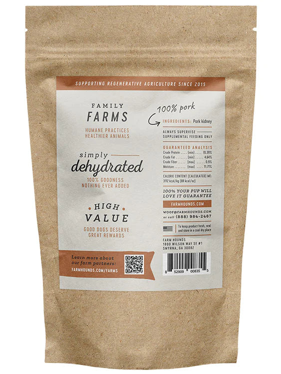 Farm Hounds dehydrated pork kidney treats are made in the USA and sourced from 100% pasture-raised pork. Treats are free of salt, sugars, fillers, chemicals, and preservatives.