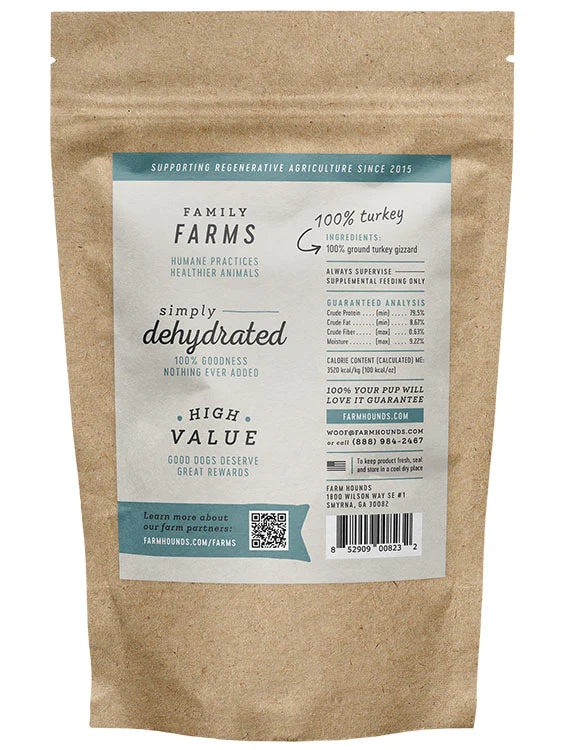 Farm Hounds dehydrated turkey gizzard treats are made in the USA and sourced from 100% pasture-raised turkey. Treats are free of salt, sugars, fillers, chemicals, and preservatives.