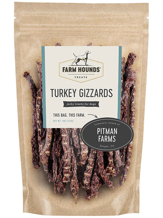 Farm Hounds dehydrated turkey gizzard treats are made in the USA and sourced from 100% pasture-raised turkey. Treats are free of salt, sugars, fillers, chemicals, and preservatives.