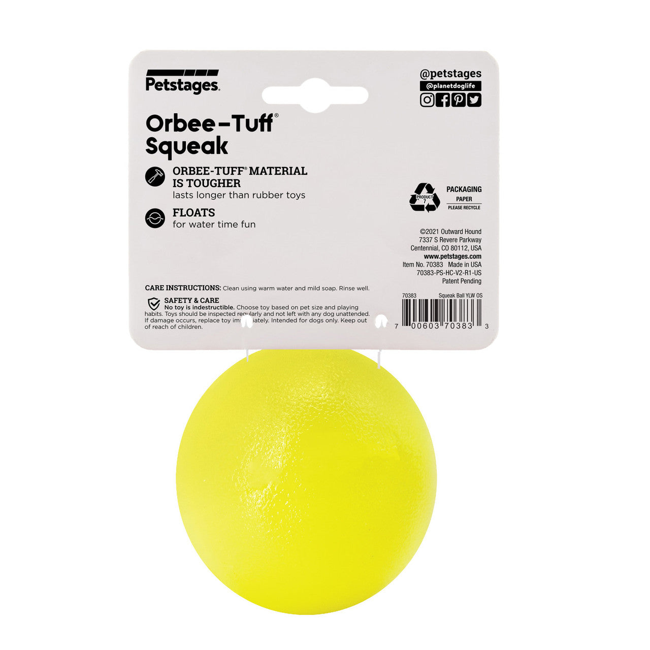 Squeak ball is made from the award-winning Orbee-Tuff material, which is 100% recyclable and non-toxic. Ball is ultra-durable, bouncy, buoyant, and perfect for tossing, fetching, and bouncing. Takes a powerful chewer to make Squeak ... squeak! Toy is infused with natural mint oil.