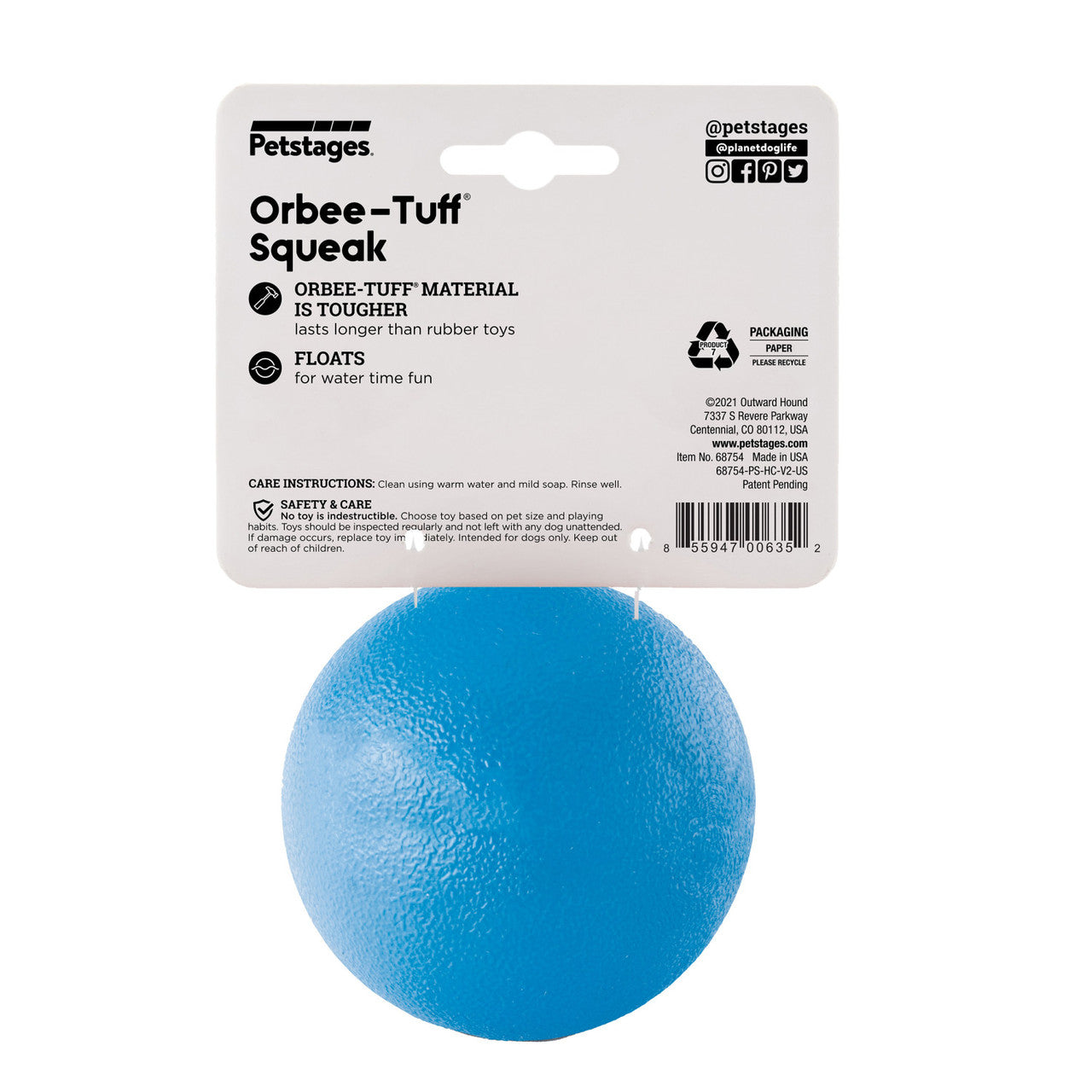 Squeak ball is made from the award-winning Orbee-Tuff material, which is 100% recyclable and non-toxic. Ball is ultra-durable, bouncy, buoyant, and perfect for tossing, fetching, and bouncing. Takes a powerful chewer to make Squeak ... squeak! Toy is infused with natural mint oil.