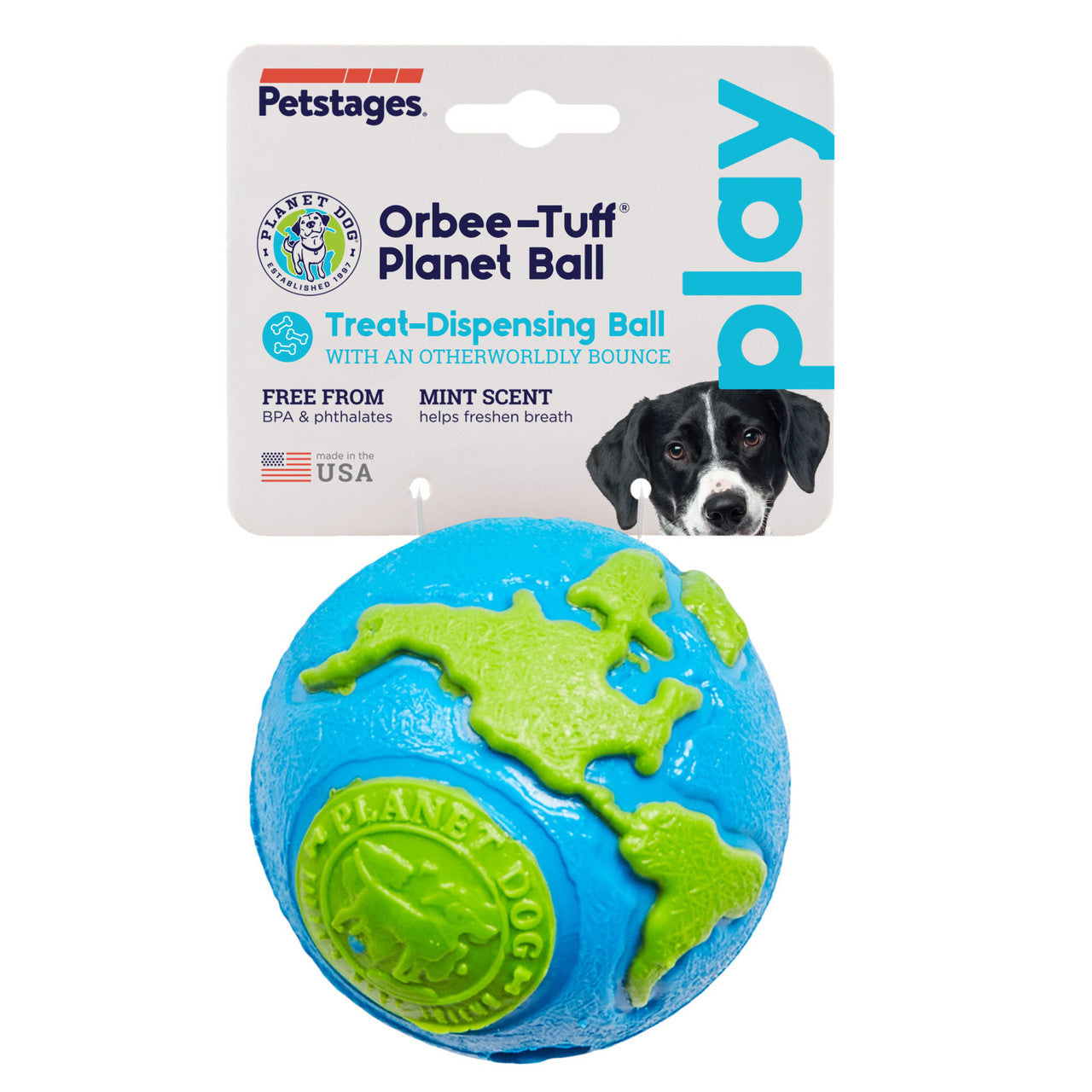 The Planet ball is made from the award-winning Orbee-Tuff material, which is 100% recyclable and non-toxic. Ball is durable, bouncy, buoyant, and perfect for tossing, fetching, and bouncing. Toy is infused with natural mint oil.