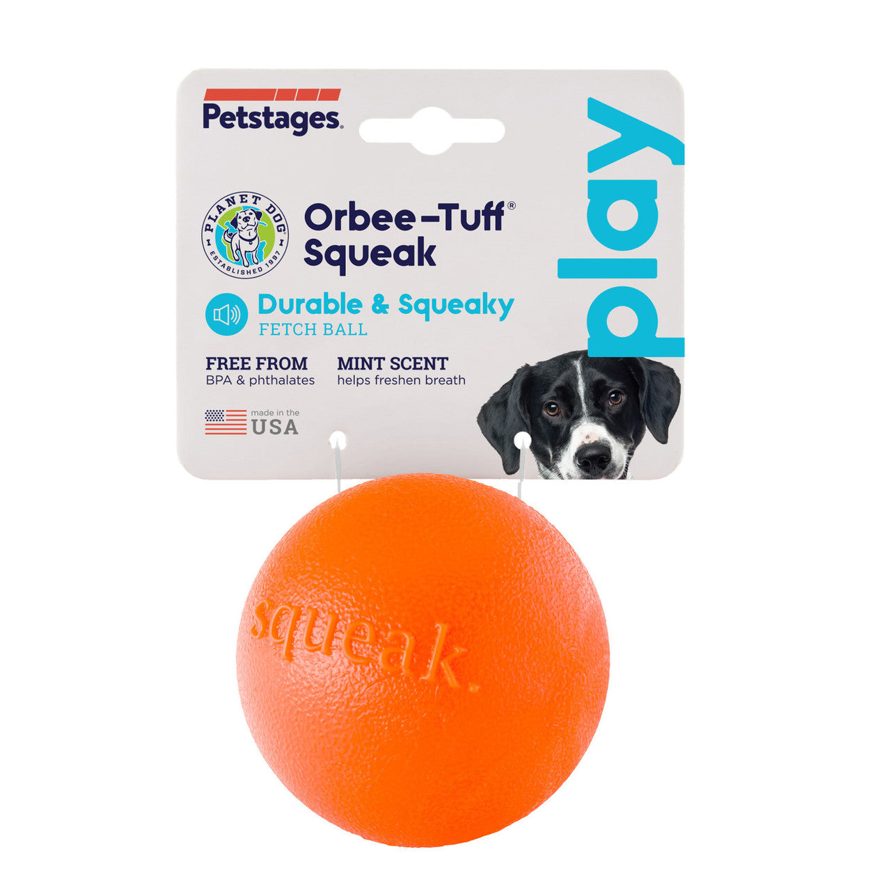 Squeak ball is made from the award-winning Orbee-Tuff material, which is 100% recyclable and non-toxic. Ball is ultra-durable, bouncy, buoyant, and perfect for tossing, fetching, and bouncing. Takes a powerful chewer to make Squeak ... squeak! Toy is infused with natural mint oil.