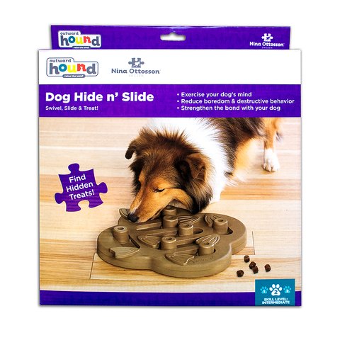 The Dog Hide n' Slide puzzle helps reduce destructive behavior and fights boredom by keeping your dog busy exercising their mind. A positive activity that will strengthen the human/canine bond. Fun for all dogs, regardless of age, size, or breed. Puzzle is made from a non-toxic composite material that is easy to clean! No removable parts.