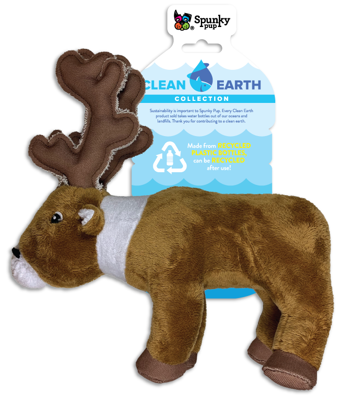 Remove plastic from the environment one toy at a time with the Clean Earth plush toys from Spunky Pup. Toys are made from 100% recycled plastic water bottles; including the fabric, stuffing, binding, and thread. Each toy redirects waste from up to 9 plastic water bottles from ending up in oceans, waterways, and landfills.  Toy is durable, floats, and includes a built-in squeaker for added fun!