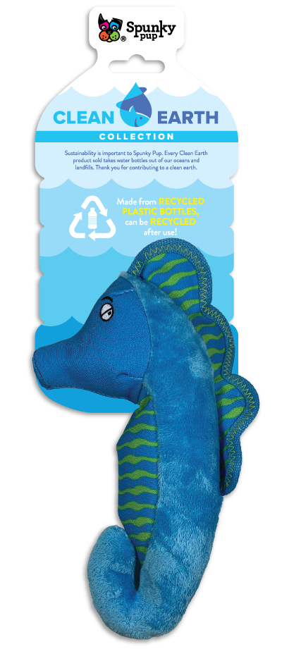 Remove plastic from the environment one toy at a time with the Clean Earth plush toys from Spunky Pup. Toys are made from 100% recycled plastic water bottles; including the fabric, stuffing, binding, and thread. Each toy redirects waste from up to 9 plastic water bottles from ending up in oceans, waterways, and landfills.  Toy is durable, floats, and includes a built-in squeaker for added fun!