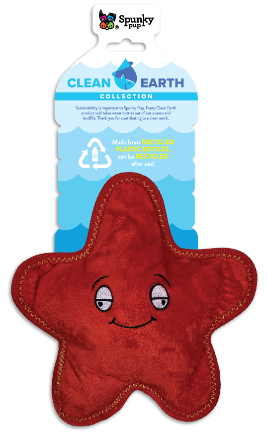 Remove plastic from the environment one toy at a time with the Clean Earth plush toys from Spunky Pup. Toys are made from 100% recycled plastic water bottles; including the fabric, stuffing, binding, and thread. Each toy redirects waste from up to 9 plastic water bottles from ending up in oceans, waterways, and landfills.  Toy is durable, floats, and includes a built-in squeaker for added fun!