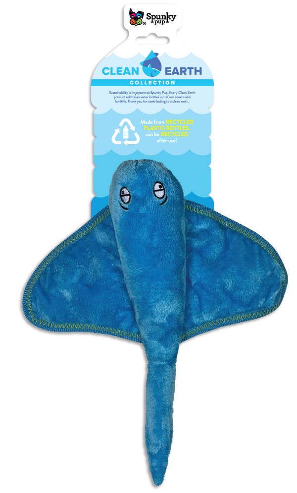 Remove plastic from the environment one toy at a time with the Clean Earth plush toys from Spunky Pup. Toys are made from 100% recycled plastic water bottles; including the fabric, stuffing, binding, and thread. Each toy redirects waste from up to 9 plastic water bottles from ending up in oceans, waterways, and landfills.  Toy is durable, floats, crinkles, and includes a built-in squeaker for added fun!
