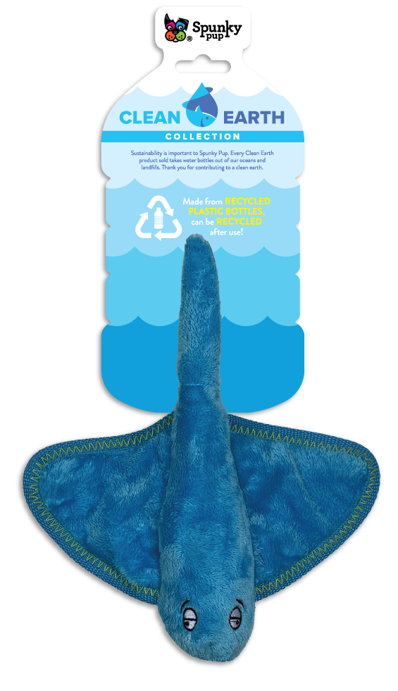 Remove plastic from the environment one toy at a time with the Clean Earth plush toys from Spunky Pup. Toys are made from 100% recycled plastic water bottles; including the fabric, stuffing, binding, and thread. Each toy redirects waste from up to 9 plastic water bottles from ending up in oceans, waterways, and landfills.  Toy is durable, floats, crinkles, and includes a built-in squeaker for added fun!