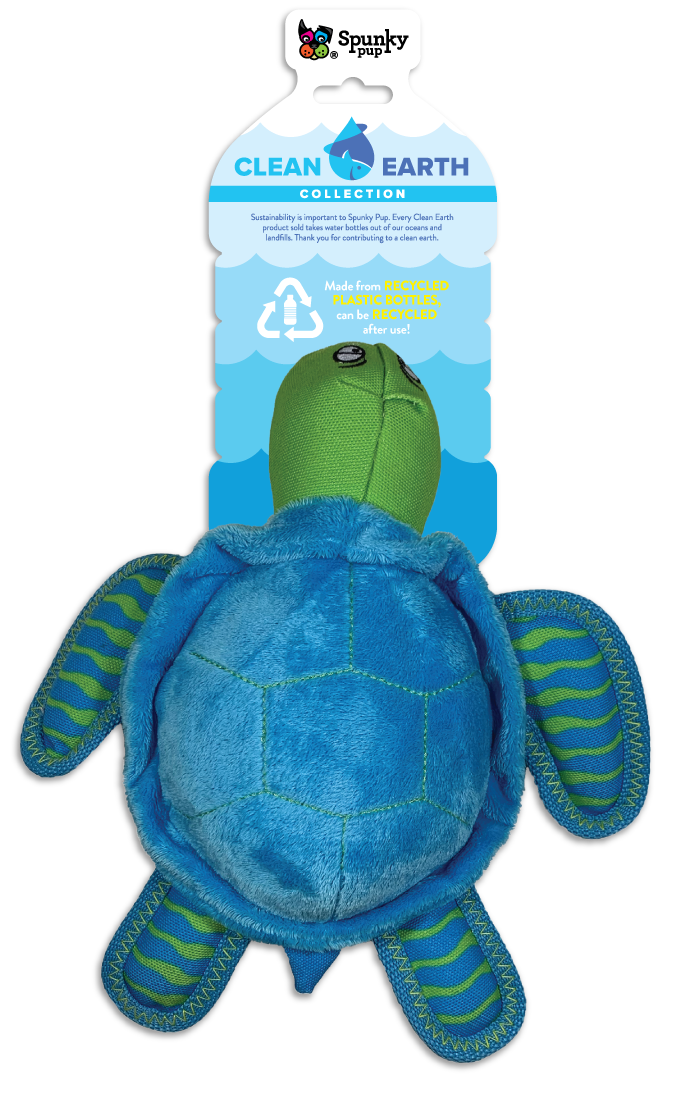 Remove plastic from the environment one toy at a time with the Clean Earth plush toys from Spunky Pup. Toys are made from 100% recycled plastic water bottles; including the fabric, stuffing, binding, and thread. Each toy redirects waste from up to 9 plastic water bottles from ending up in oceans, waterways, and landfills.  Toy is durable, floats, and includes a built-in squeaker for added fun!