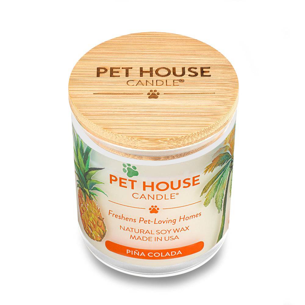 Pet House candles are hand-poured, and made from 100% natural, dye-free soy wax. Comes in a 9 oz. glass jar. Fragrance profile is a sweet scent of pineapple, coconut milk, refreshing yuzu, chilled rum, and creamy vanilla.