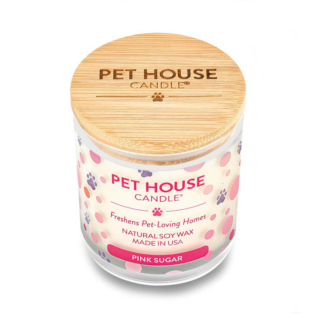 Pet House candles are hand-poured, and made from 100% natural, dye-free soy wax. Comes in a 9 oz. glass jar. Fragrance profile is a sweet scent of mixing sugar, vanilla, and amber with a swirl of jasmine and lemon to create the aroma of cotton candy.
