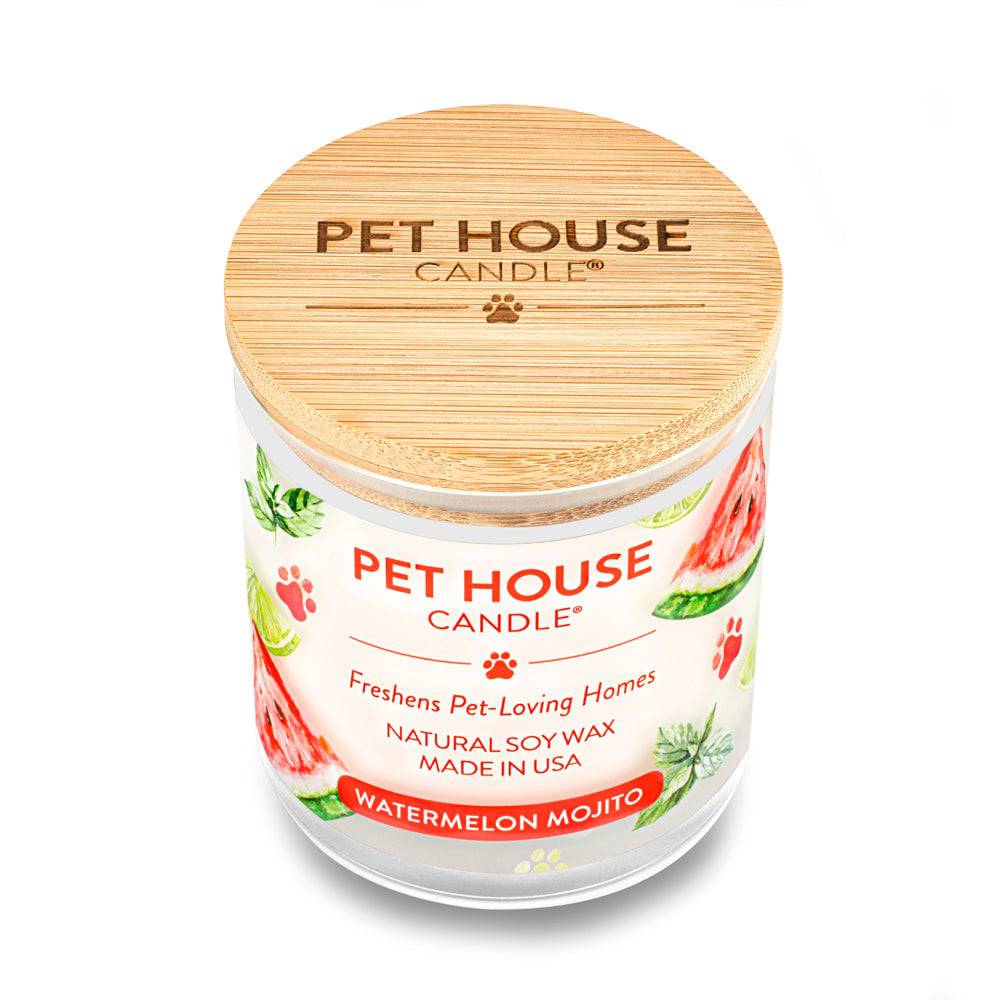 Pet House candles are hand-poured, and made from 100% natural, dye-free soy wax. Comes in a 9 oz. glass jar. Fragrance profile is a refreshing mix of watermelon, fresh lime, and crushed mint with a hint of sweet agave nectar and light rum.