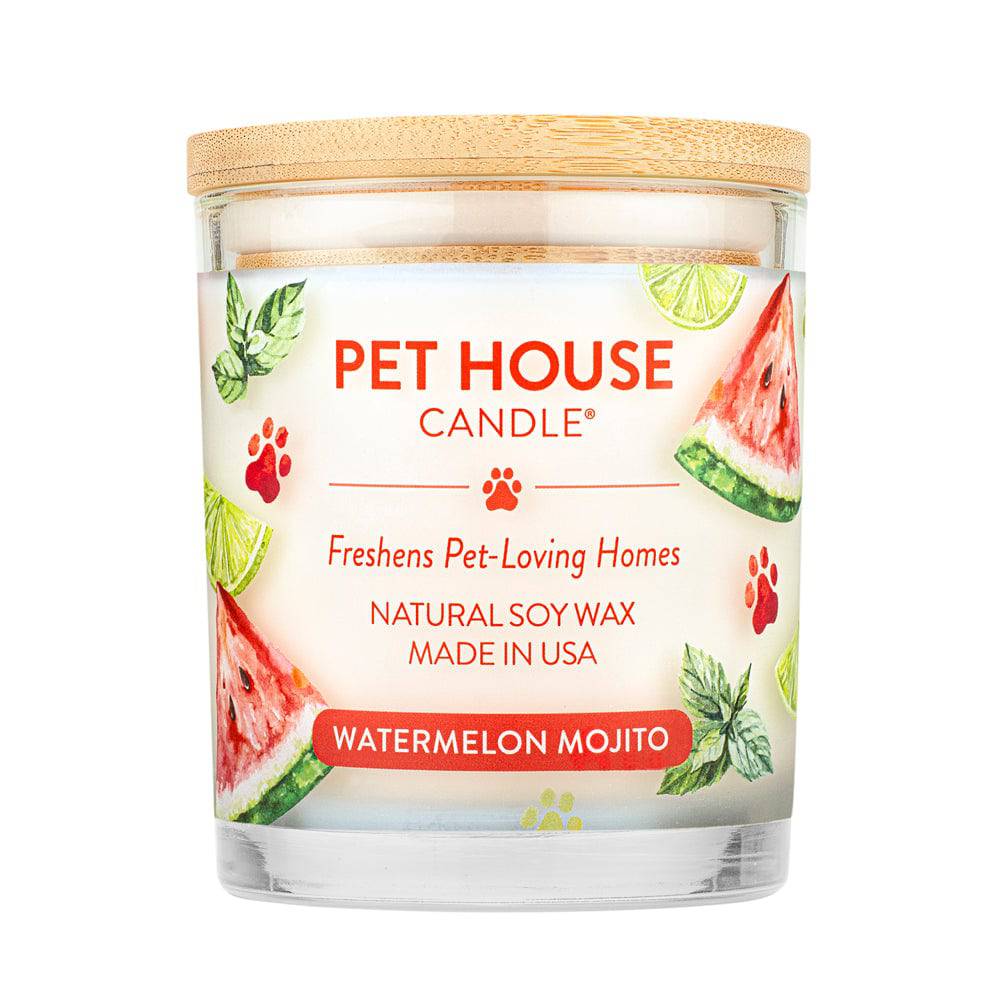 Pet House candles are hand-poured, and made from 100% natural, dye-free soy wax. Comes in a 9 oz. glass jar. Fragrance profile is a refreshing mix of watermelon, fresh lime, and crushed mint with a hint of sweet agave nectar and light rum.