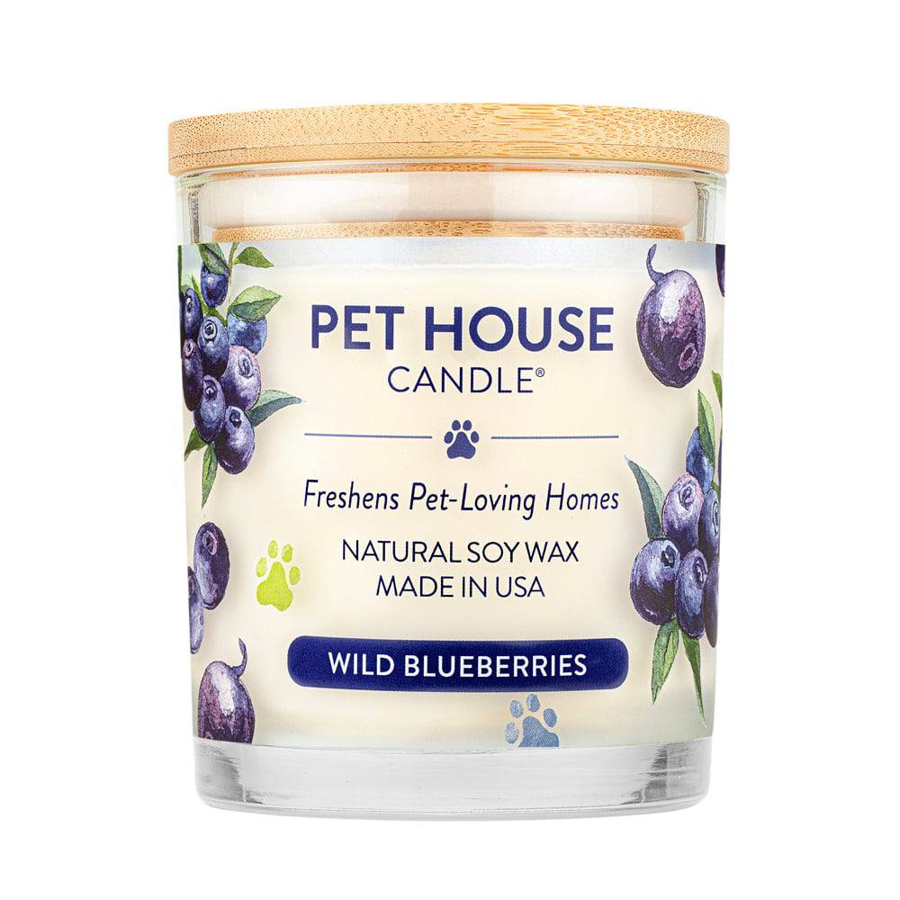Pet House candles are hand-poured, and made from 100% natural, dye-free soy wax. Comes in a 9 oz. glass jar. Fragrance profile is a  delightful blend of fresh wild blueberries combined with the sweet scent of strawberries, blackberry jam, and a sprinkle of vanilla sugar.