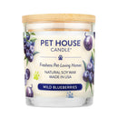 Pet House candles are hand-poured, and made from 100% natural, dye-free soy wax. Comes in a 9 oz. glass jar. Fragrance profile is a  delightful blend of fresh wild blueberries combined with the sweet scent of strawberries, blackberry jam, and a sprinkle of vanilla sugar.