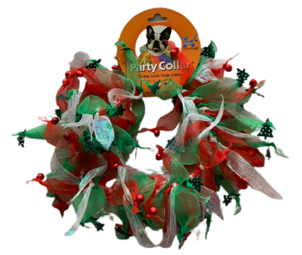 Dress your pet to impress this holiday season. This festive party collar is sure to make a statement with its fluffy, multi-colored chiffon material that is paired with holiday-themed accents. Great for holiday dress-up, photo shoots, family gatherings, holiday parties, and more. Collars are available in three sizes.