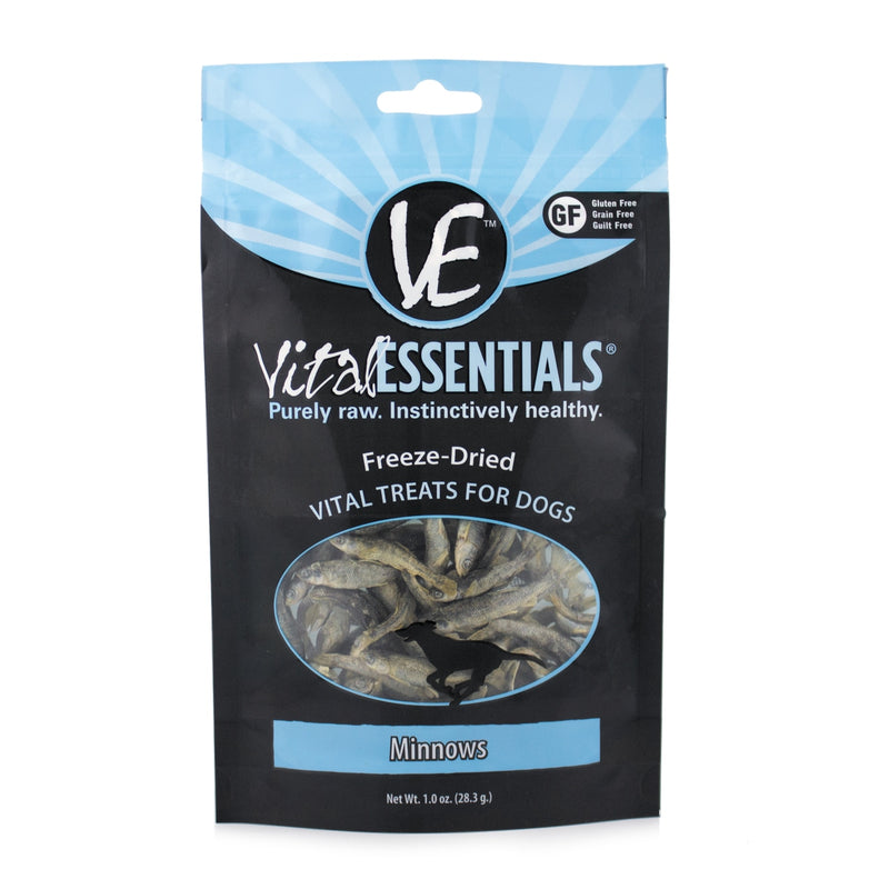 Vital Essentials Minnows are freeze-dried whole minnows. These high-value, smelly fish snacks are perfect for training, and can be enjoyed by dogs and cats.