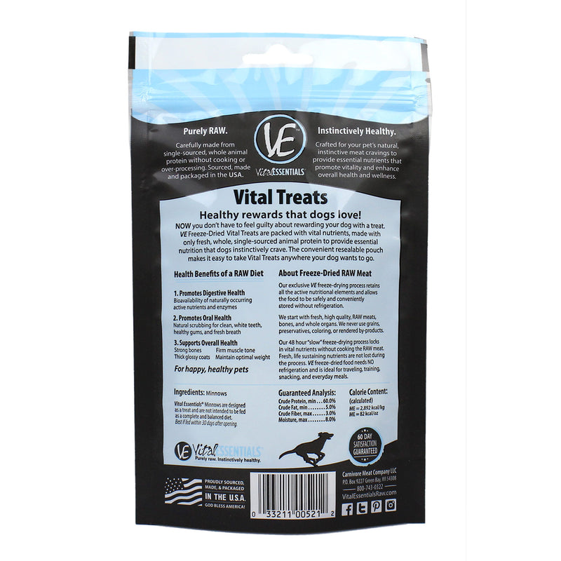 Vital Essentials Minnows are freeze-dried whole minnows. These high-value, smelly fish snacks are perfect for training, and can be enjoyed by dogs and cats.