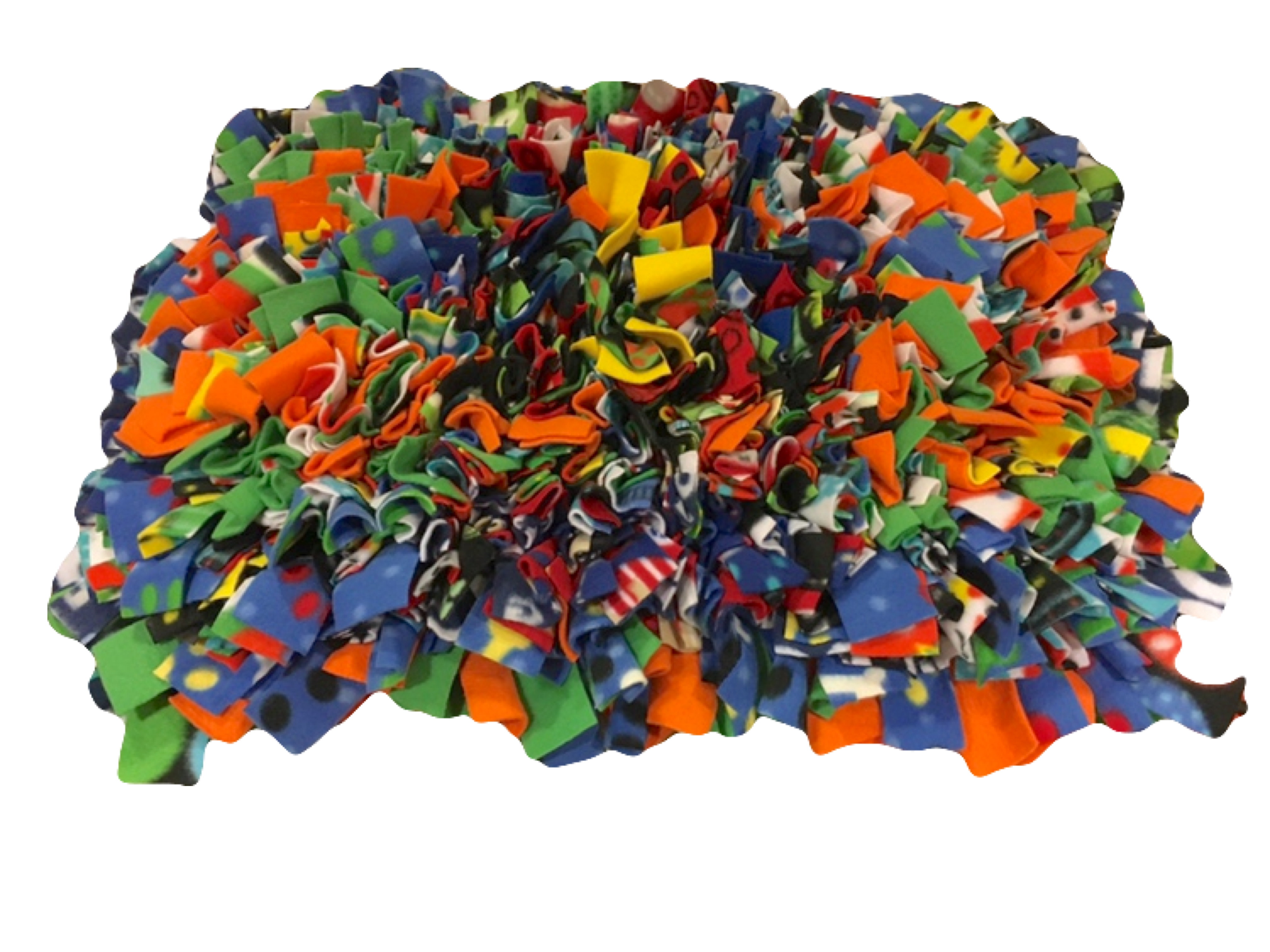 Our handmade multi-colored and multi-patterned snuffle mats are quadruple knotted to keep treats and dry food from falling through to the bottom of the mat. We use a heavy-duty rubber anti-fatigue mat for the base that is heavy, and will not slide around the floor like mats made from cheap plastic sink mats.