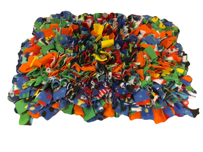 Our handmade multi-colored and multi-patterned snuffle mats are quadruple knotted to keep treats and dry food from falling through to the bottom of the mat. We use a heavy-duty rubber anti-fatigue mat for the base that is heavy, and will not slide around the floor like mats made from cheap plastic sink mats.