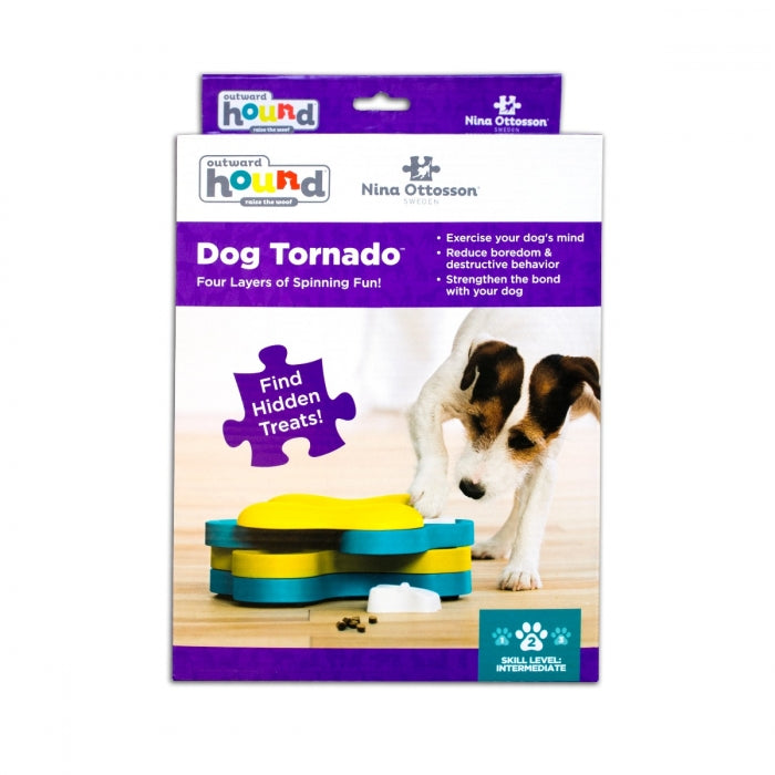 The Dog Tornado puzzle helps reduce destructive behavior and fights boredom by keeping your dog busy exercising their mind. Puzzle has 3 tiers and twelve hidden food compartments that encourage your dog to spin the tiers to reveal compartments.