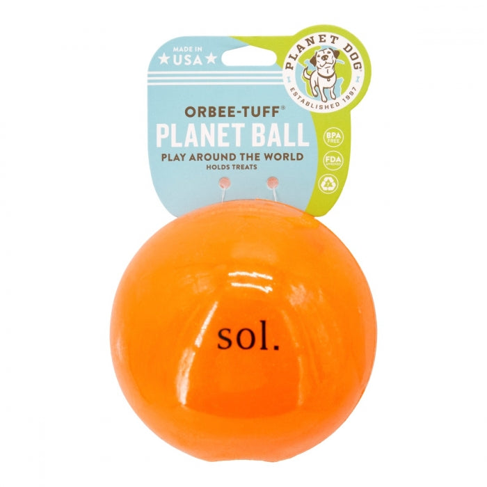 Sol is made from the award-winning Orbee-Tuff material, which is 100% recyclable and non-toxic. Ball is durable, bouncy, buoyant, and perfect for tossing, fetching, and bouncing. Toy is infused with natural mint oil.