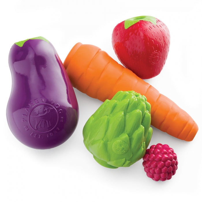 The Orbee-Tuff Foodies treat toys are shaped like farm fresh fruits and vegetables, and are suitable for dogs of all sizes and breeds. The toys are realistically shaped allowing for an unpredictable bounce that dogs love to chase. Foodies are durable, bouncy, buoyant, and perfect for tossing, fetching, and bouncing.